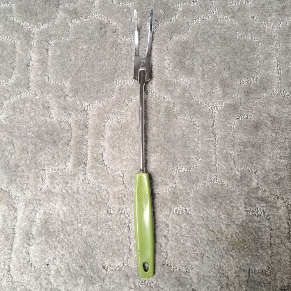 Vintage Foley Meat Serving Fork Chrome Plated USA AVOCADO Plastic Handle MCM 12"